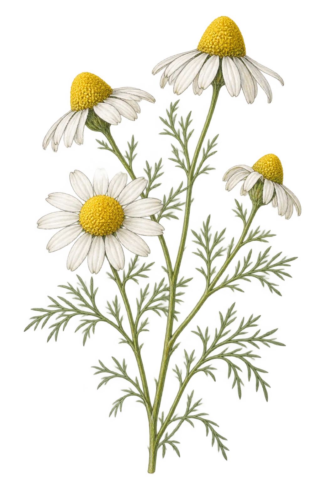 ジャーマンカモミールの花と細い葉を描いたイメージイラスト