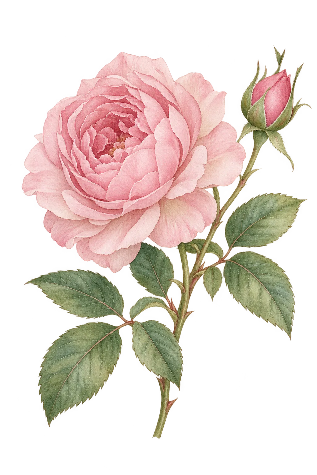 ローズの淡いピンクの花と葉を描いたイメージイラスト