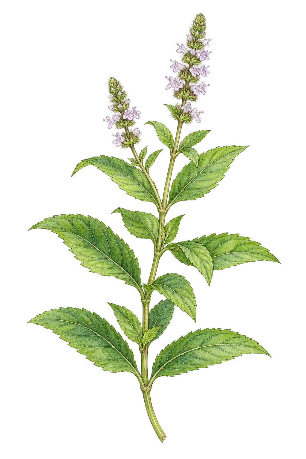 スペアミントの葉と淡い紫の花穂を描いたイメージイラスト