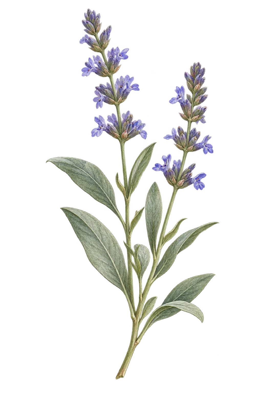 スパイクラベンダーの幅広い葉と青紫の花穂を描いたイメージイラスト